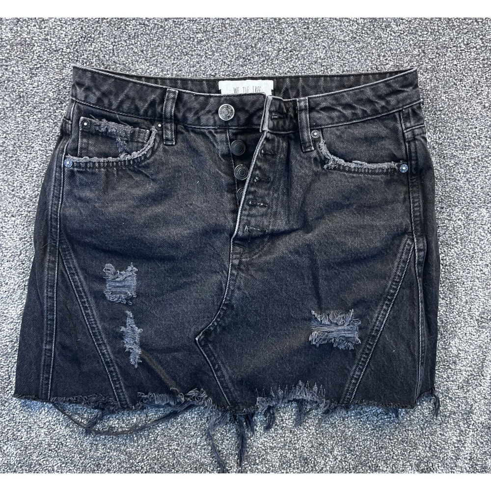 We The Free Skirt Womens 26 Denim Fringe Edge Ripped Fly Button Pocket Black